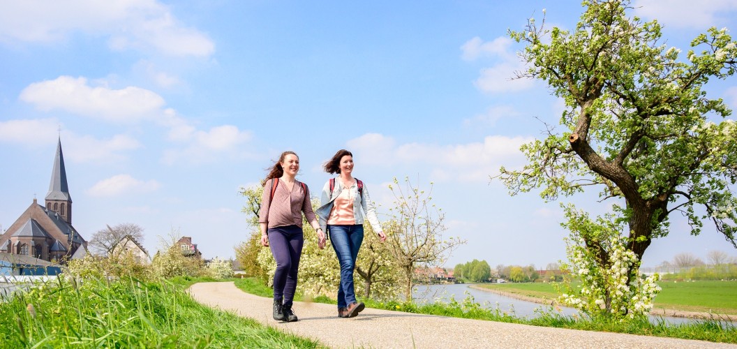 Wandelaars op een dijk in de lente