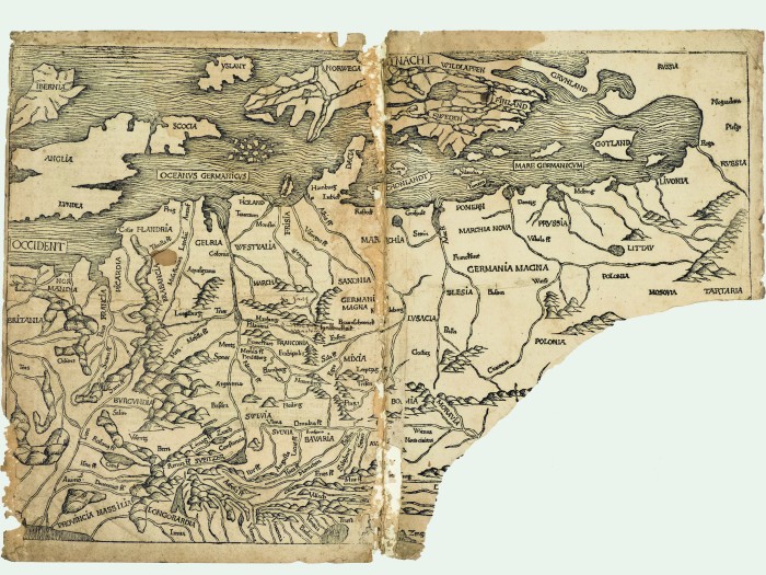 Kaart uit 1493, die eenzelfde vervormd beeld geeft van o.a. de kust © Tom Buijtendorp