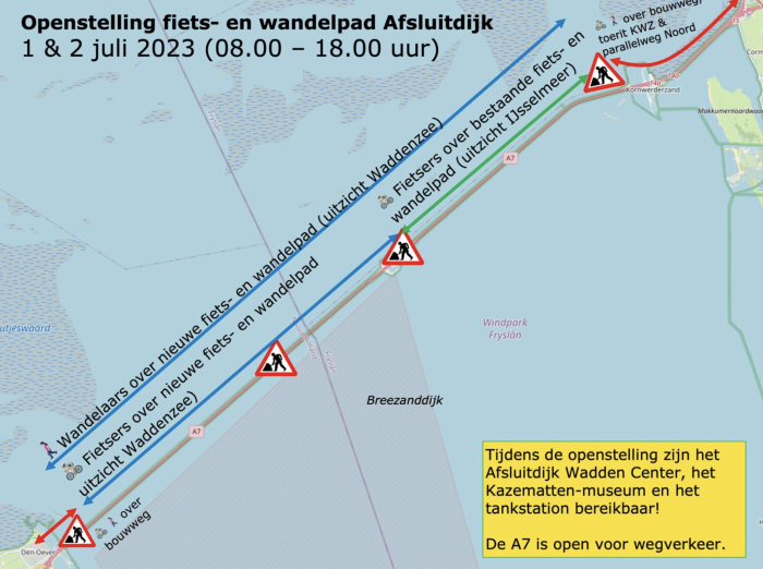 Kaart weekendopenstelling Afsluitdijk 1 en 2 juli. Rijkswaterstaat.
